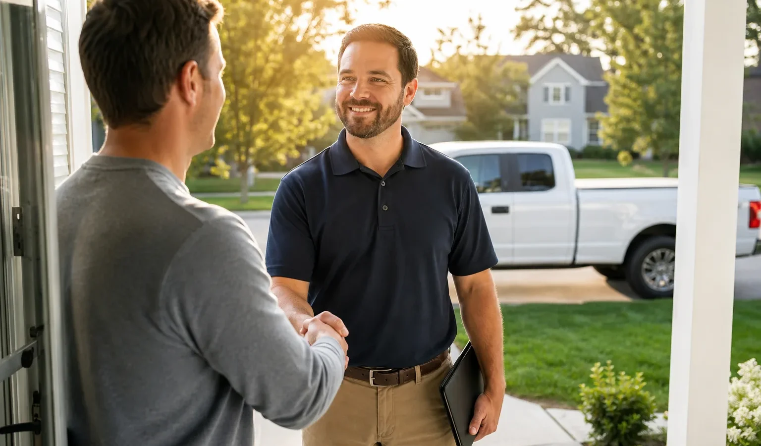 Home service owner greeting a homeowner at the front door with a work truck parked at the curb