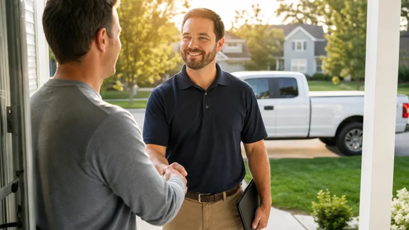 Home service owner greeting a homeowner at the front door with a work truck parked at the curb