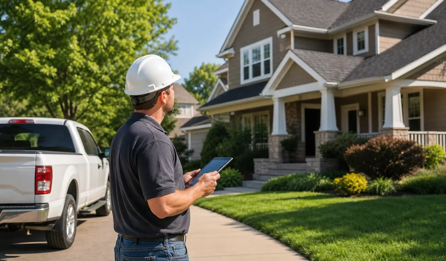Roofing estimator inspecting a suburban home's shingle roof from the driveway on a clear day