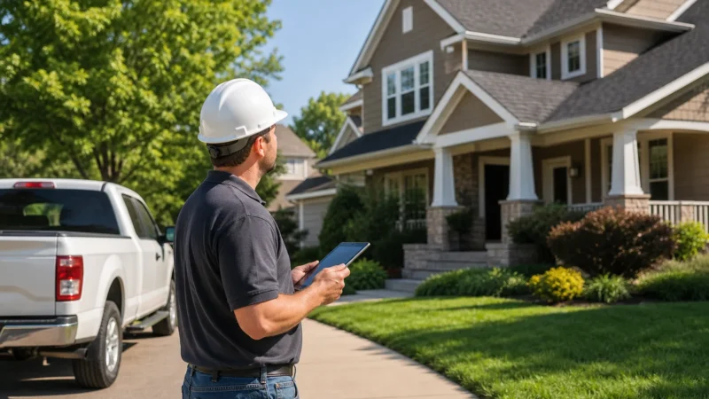Roofing estimator inspecting a suburban home's shingle roof from the driveway on a clear day