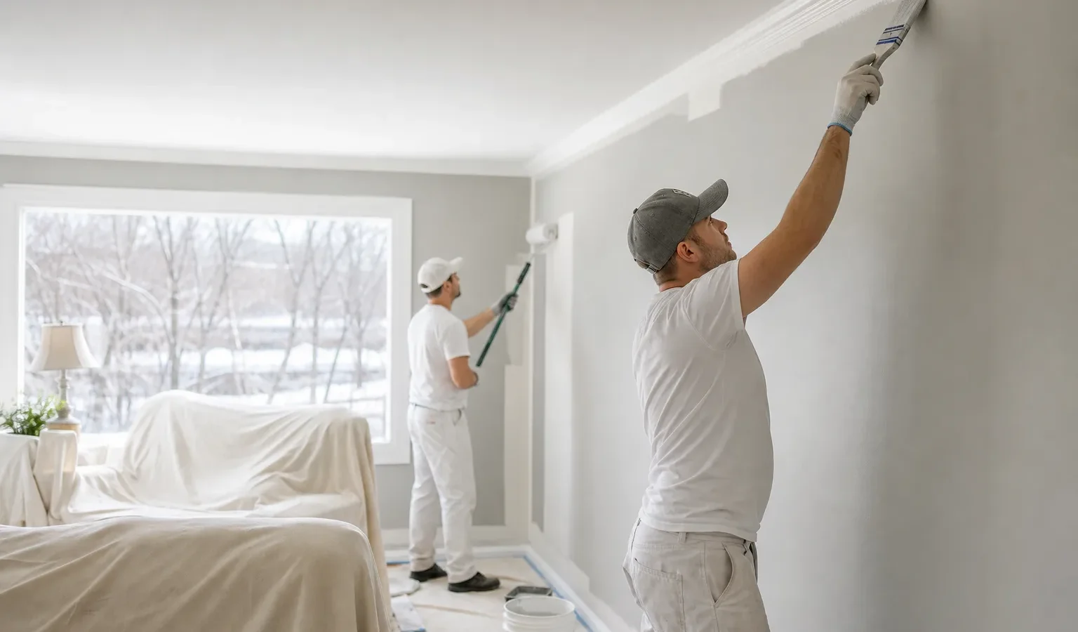 Two painters working on the interior walls of a living room on a snowy winter day