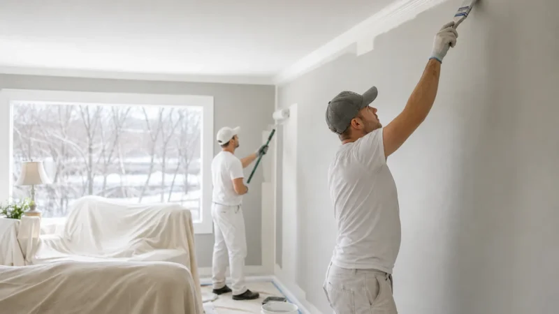 Two painters working on the interior walls of a living room on a snowy winter day